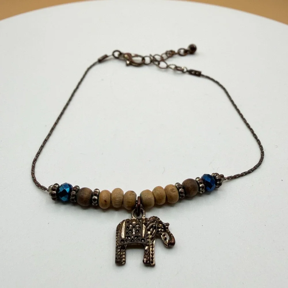 Elephant Charm Bracelet Wood Beads Blue Crystal Boho Bronze Tone Adjustable